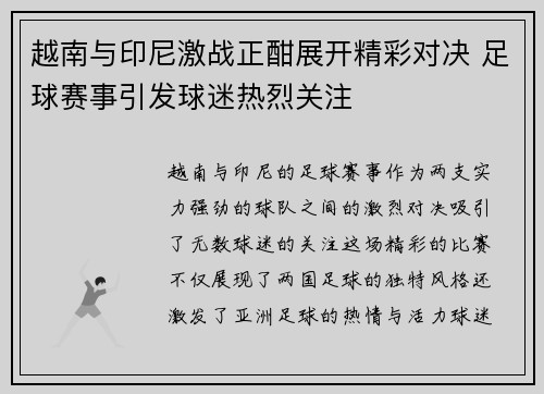 越南与印尼激战正酣展开精彩对决 足球赛事引发球迷热烈关注