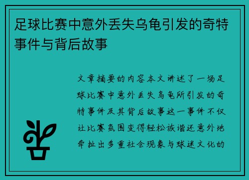 足球比赛中意外丢失乌龟引发的奇特事件与背后故事