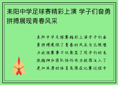 耒阳中学足球赛精彩上演 学子们奋勇拼搏展现青春风采