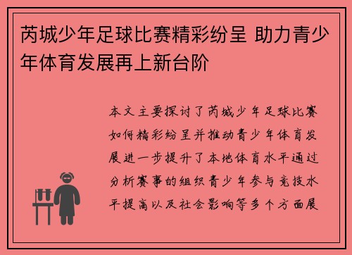 芮城少年足球比赛精彩纷呈 助力青少年体育发展再上新台阶