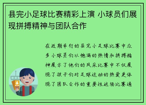 县完小足球比赛精彩上演 小球员们展现拼搏精神与团队合作