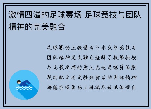 激情四溢的足球赛场 足球竞技与团队精神的完美融合