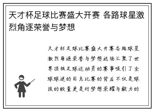 天才杯足球比赛盛大开赛 各路球星激烈角逐荣誉与梦想