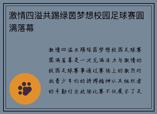 激情四溢共踢绿茵梦想校园足球赛圆满落幕