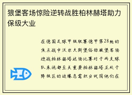 狼堡客场惊险逆转战胜柏林赫塔助力保级大业