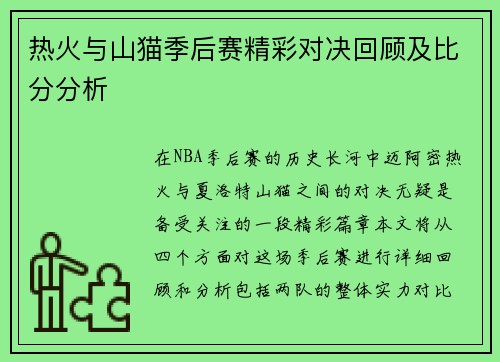 热火与山猫季后赛精彩对决回顾及比分分析