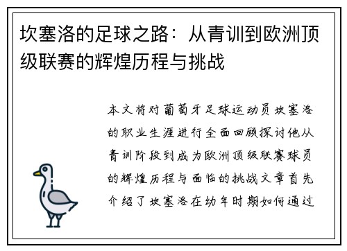 坎塞洛的足球之路：从青训到欧洲顶级联赛的辉煌历程与挑战