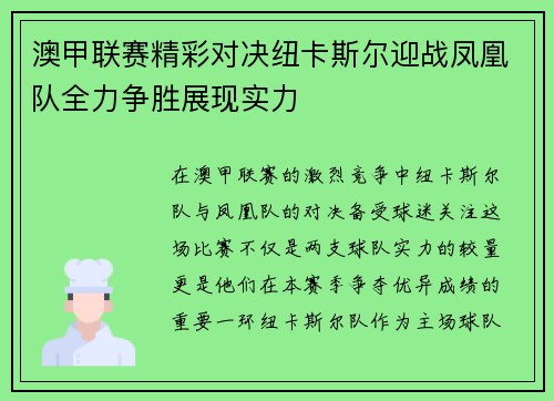 澳甲联赛精彩对决纽卡斯尔迎战凤凰队全力争胜展现实力