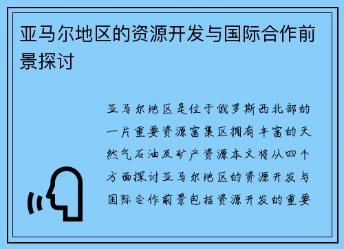 亚马尔地区的资源开发与国际合作前景探讨