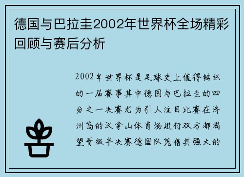 德国与巴拉圭2002年世界杯全场精彩回顾与赛后分析