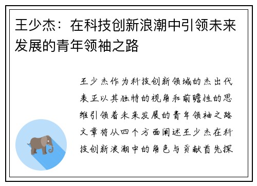王少杰:在科技创新浪潮中引领未来发展的青年领袖之路