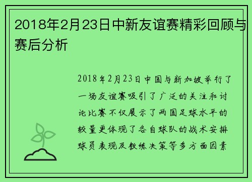 2018年2月23日中新友谊赛精彩回顾与赛后分析