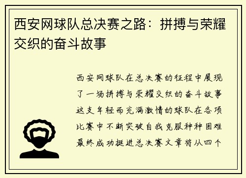 西安网球队总决赛之路：拼搏与荣耀交织的奋斗故事
