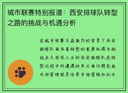 城市联赛特别报道：西安排球队转型之路的挑战与机遇分析